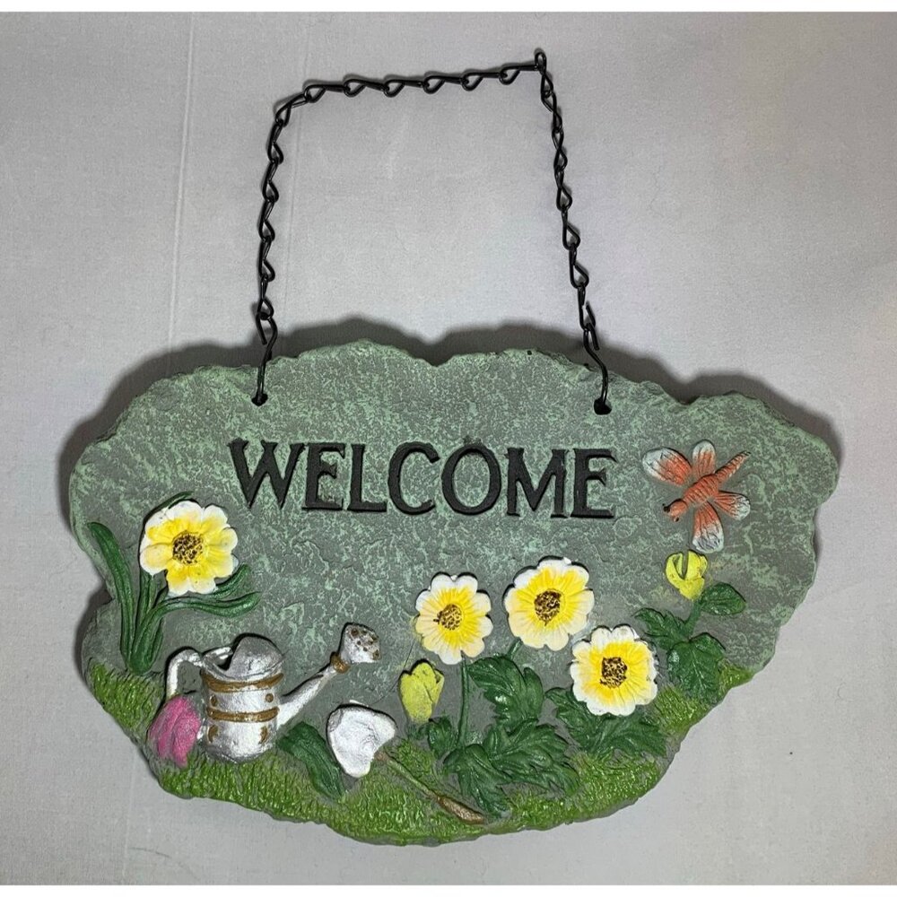 Welcome Wall Plaque Flowers Watering Can Polyresin Garden Hanging Sign 10" x6" - Picture 2 of 8